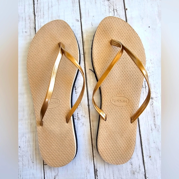 Rockin Luxury Cream Beige Metallic Gold Gel Strap Flip Flops Sandals Jelly Strap - Picture 3 of 7
